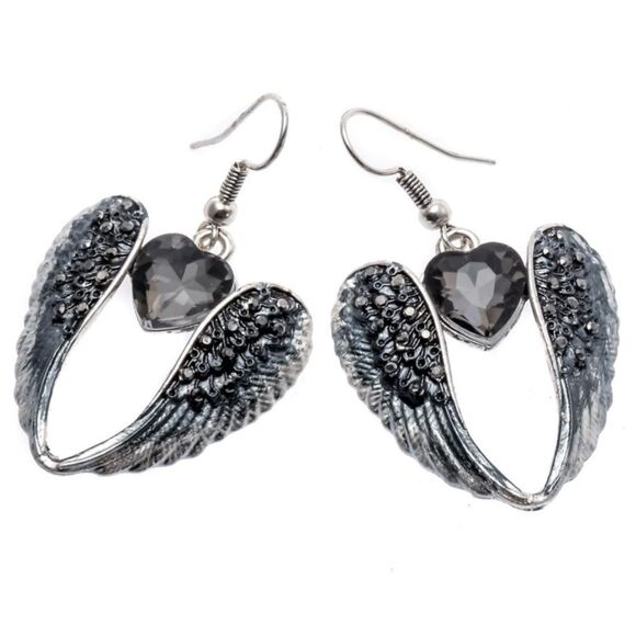 Silver with Charcoal Gray Crystal Angel Wing with Heart Dangling Hook Earrings - Picture 1 of 5